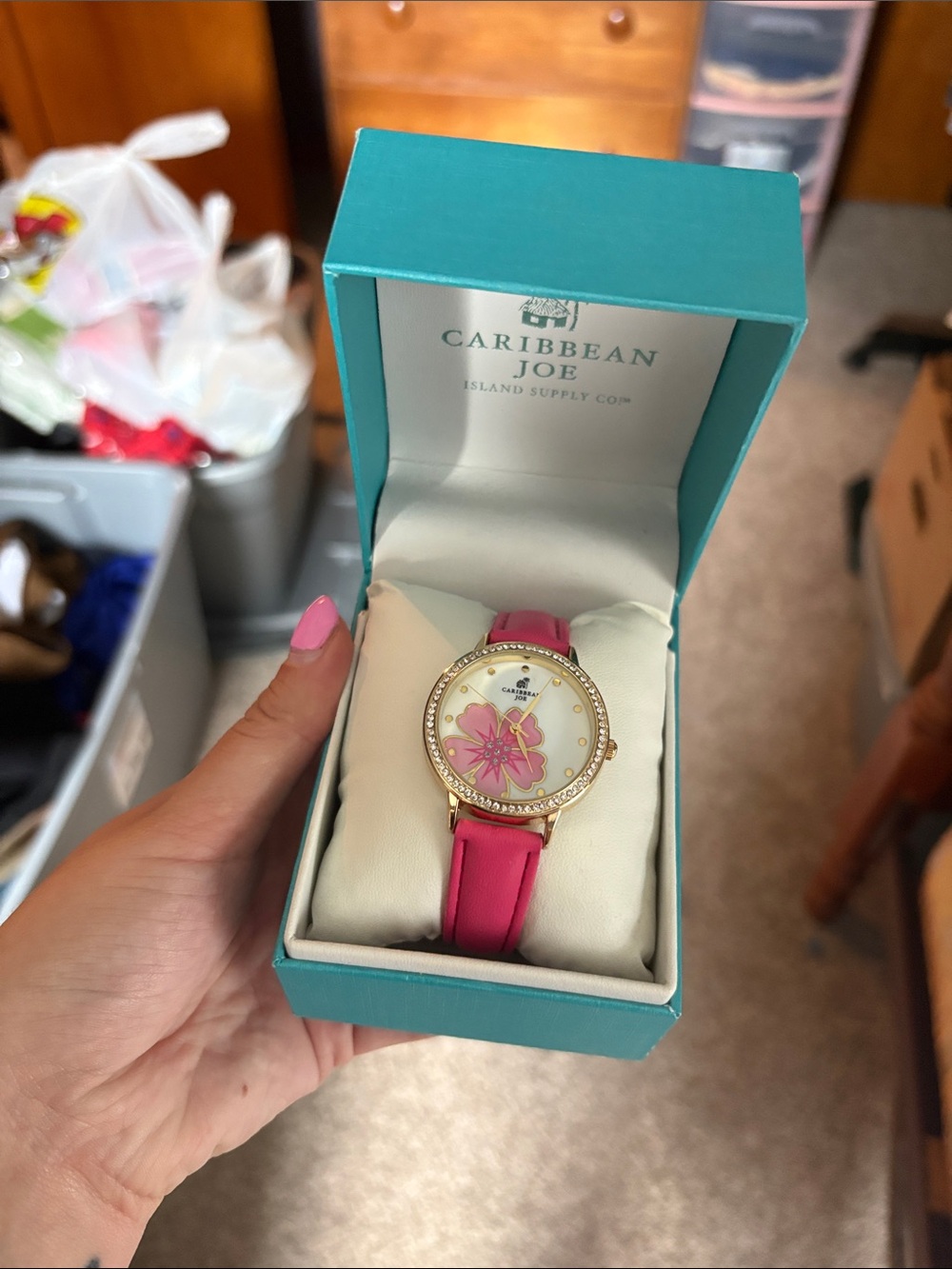 Caribbean Joe Hot Pink Floral Dial Leather Strap Watch NWT